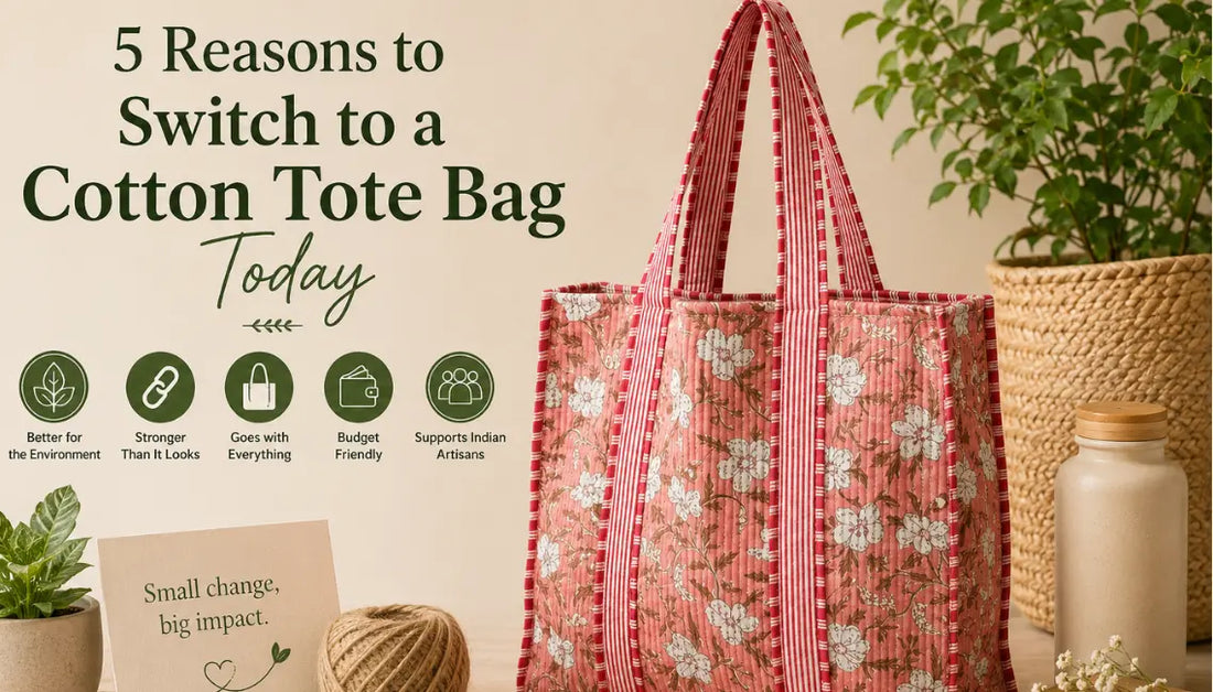 Handmade floral print cotton tote bag by Kala India showcasing an eco-friendly reusable shopping bag for everyday use