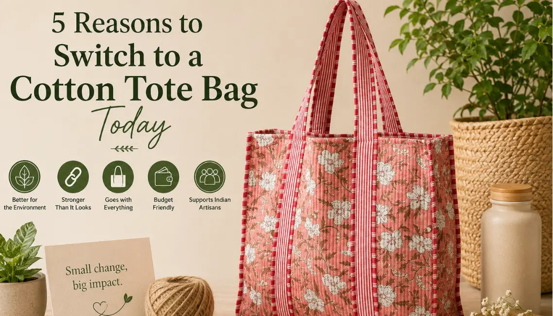 Handmade floral print cotton tote bag by Kala India showcasing an eco-friendly reusable shopping bag for everyday use