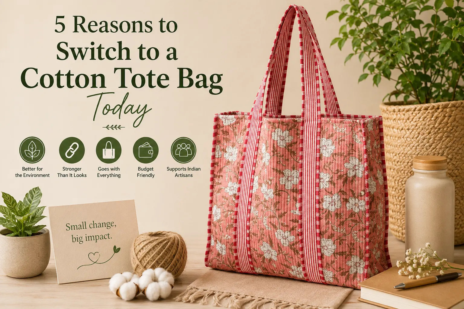 Handmade floral print cotton tote bag by Kala India showcasing an eco-friendly reusable shopping bag for everyday use