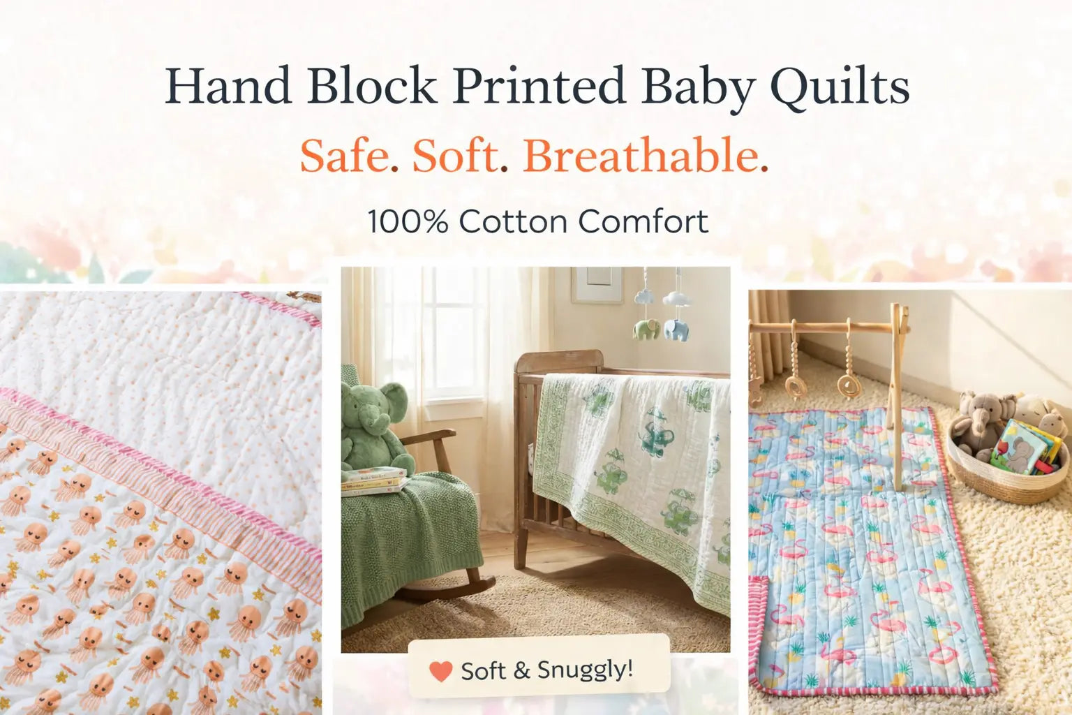 Hand block printed baby quilt made of 100% cotton, soft and breathable for newborn comfort