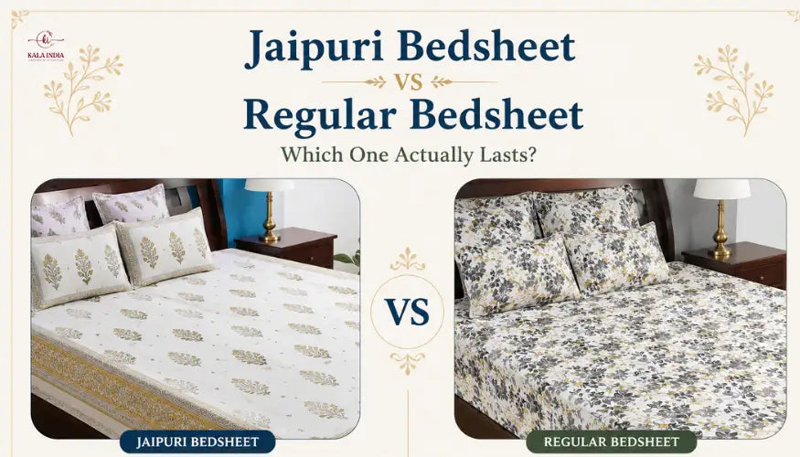 Jaipuri bedsheet vs regular bedsheet comparison showing hand block print cotton bedding alongside a machine-printed floral bedsheet to compare durability, comfort, and craftsmanship.