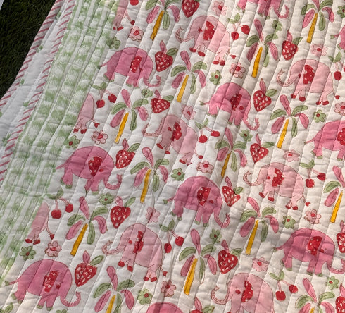 KalaIndia Elephant Meadow Baby Quilt (Pink) – handmade baby quilts india (folded view)