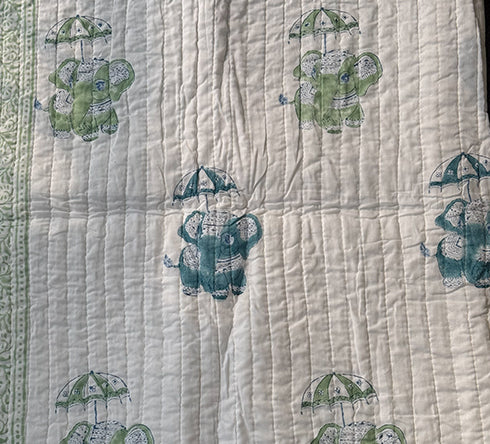 KalaIndia Elephant Joy Baby Quilt (White) – handmade baby quilts india (flat lay view)