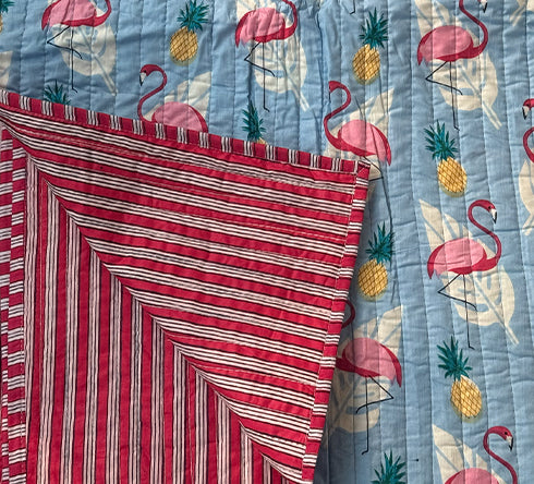 KalaIndia Flamingo Sky Baby Quilt (Blue) – handmade baby quilts india (flat lay view)