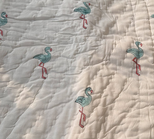 KalaIndia Flamingo Snow Baby Quilt (White) – quilts for kids (folded view)
