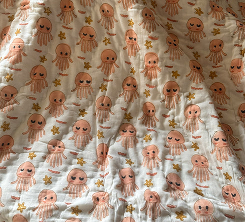 KalaIndia Jellyfish Friends Baby Quilt (Orange) – quilts for kids (folded view)