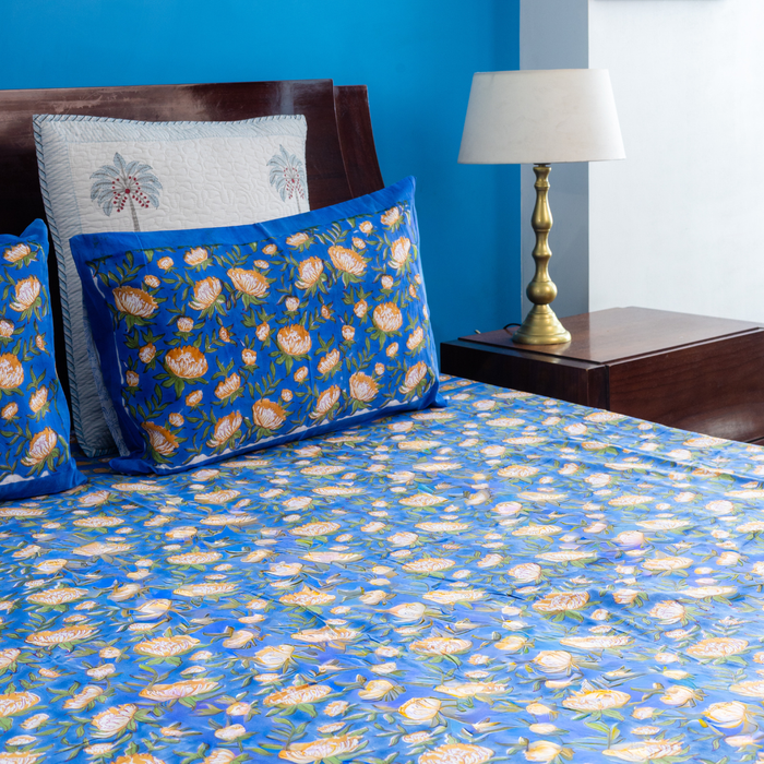 KalaIndia Blue Leaf Print Bedsheet – jaipuri print bed sheet (flat lay view)