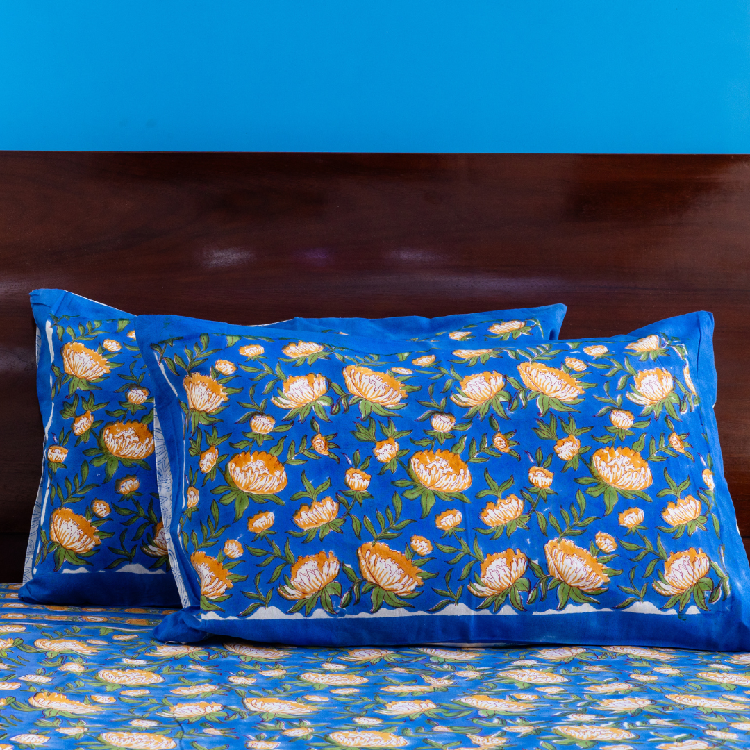 KalaIndia Blue Leaf Print Bedsheet – jaipuri print bed sheet (close-up of the hand block print detail)