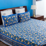 KalaIndia Blue Leaf Print Bedsheet – block print bedsheet (styled on a bed)