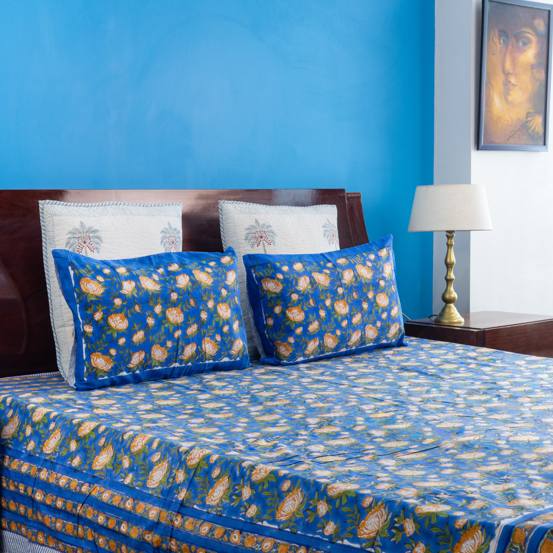 KalaIndia Blue Leaf Print Bedsheet – jaipuri print bed sheet (folded stack view)