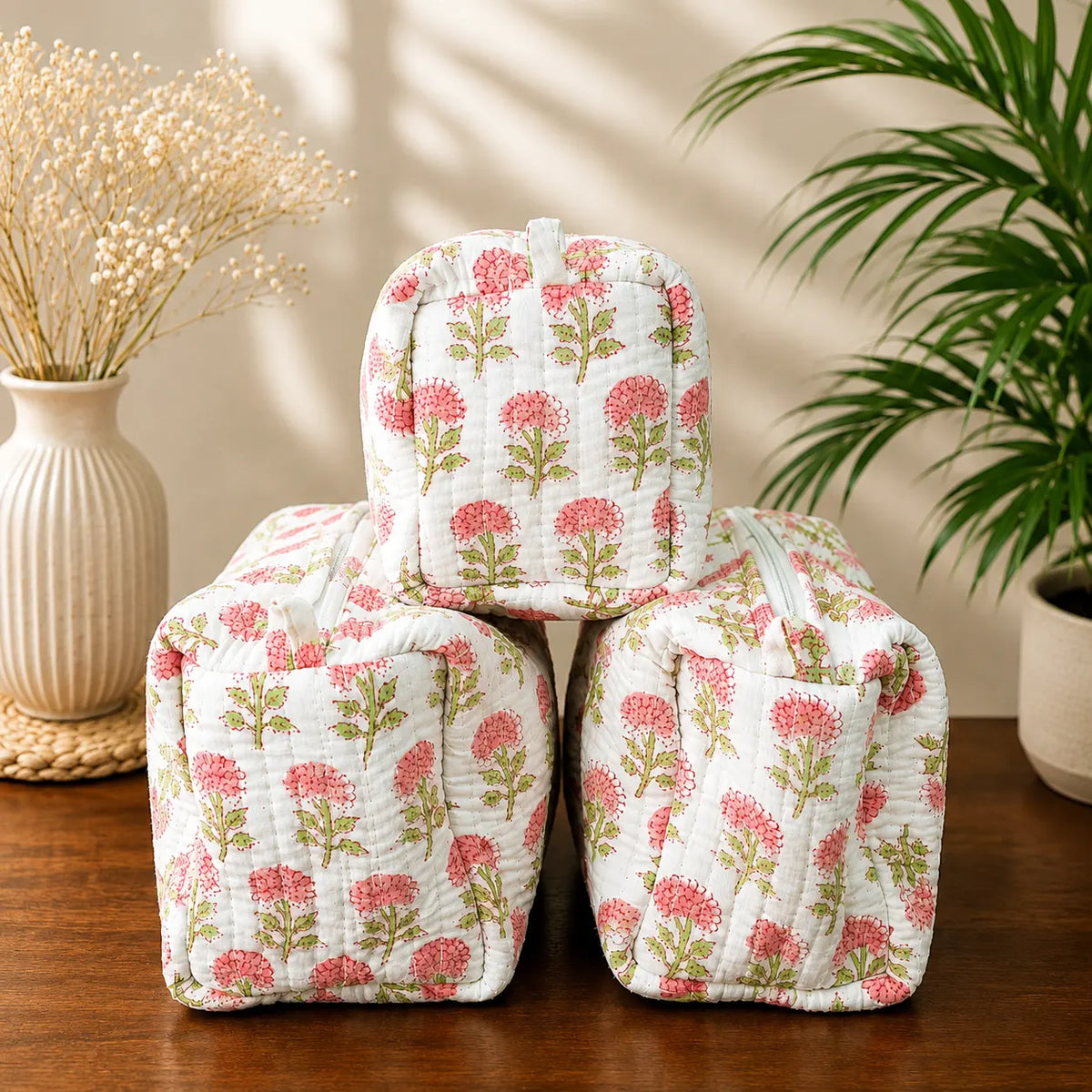 Carnation Bloom Quilted Pouch