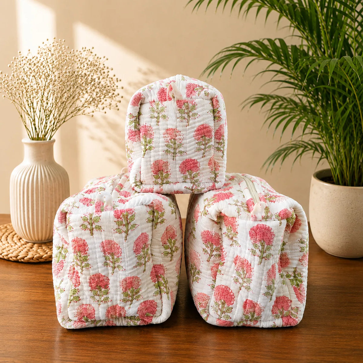 Carnation Bloom Quilted Pouch