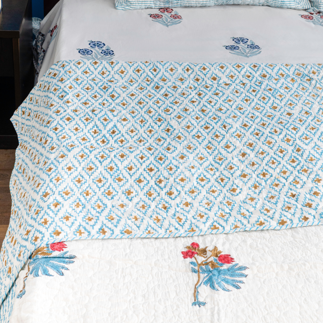 KalaIndia Dream Nest Bedcover – cotton bed cover king size (close-up of the hand block print detail)