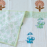 KalaIndia Elephant Joy Baby Quilt (White) – handmade baby quilts india (flat lay view)