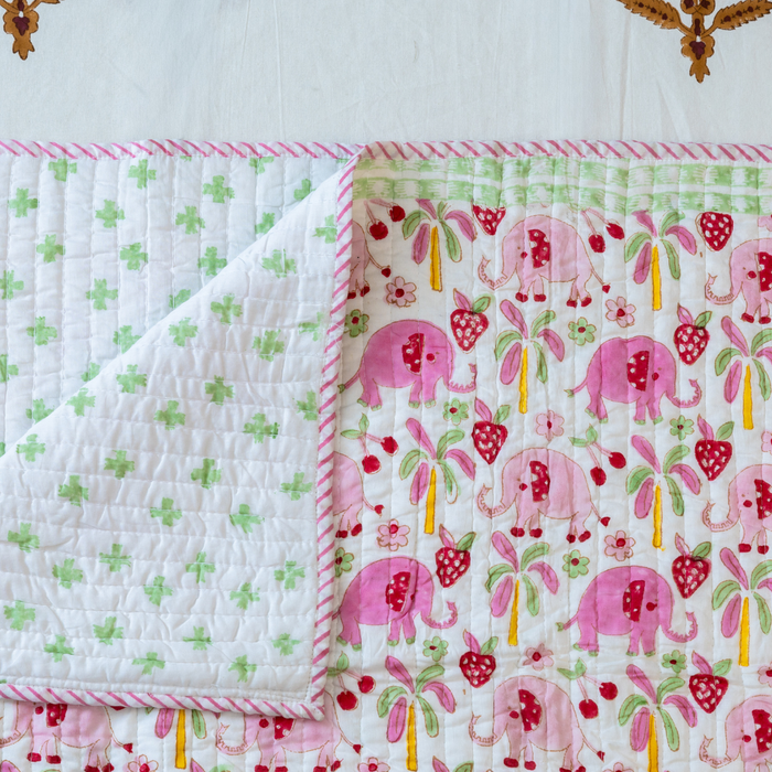 KalaIndia Elephant Meadow Baby Quilt (Pink) – quilts for kids (flat lay view)