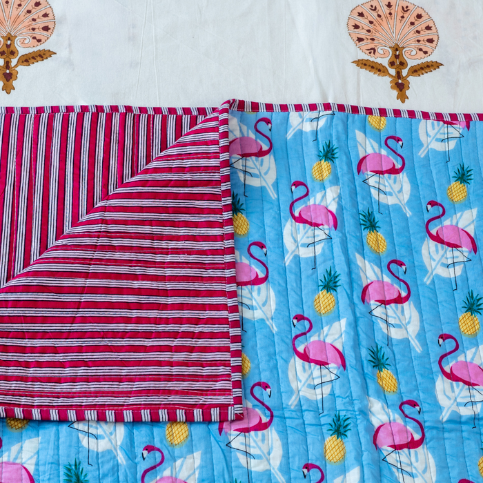 KalaIndia Flamingo Sky Baby Quilt (Blue) – handmade baby quilts india (flat lay view)