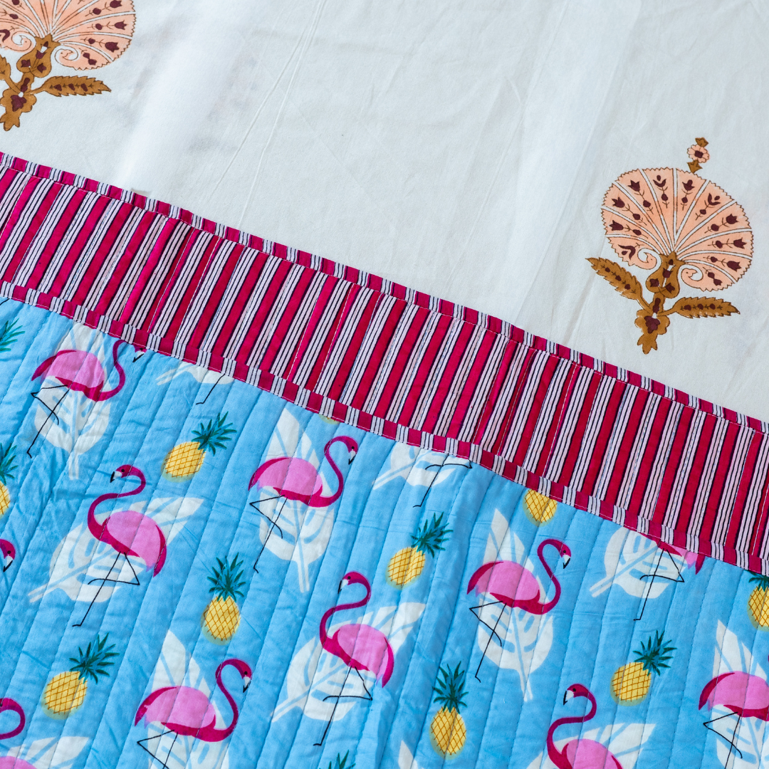KalaIndia Flamingo Sky Baby Quilt (Blue) – handmade baby quilts india (close-up of the print detail)