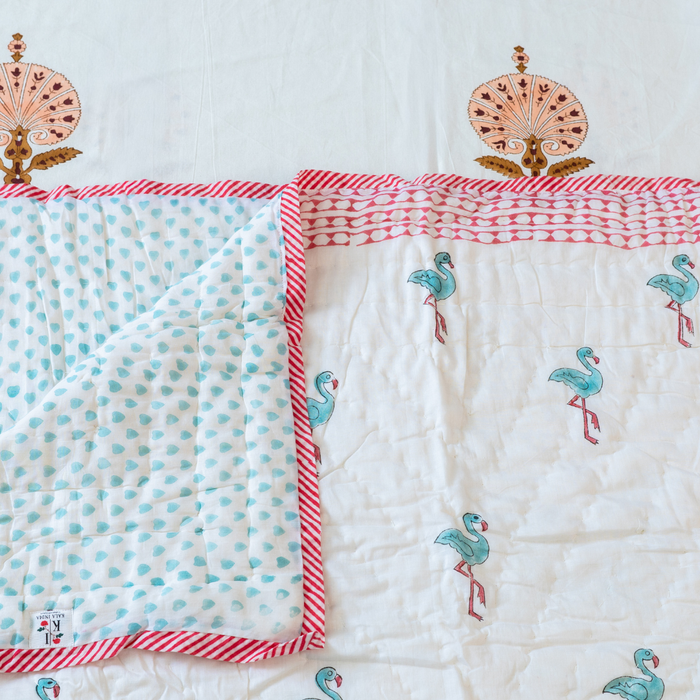 KalaIndia Flamingo Snow Baby Quilt (White) – baby quilts India (flat lay view)