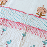 KalaIndia Flamingo Snow Baby Quilt (White) – baby quilts India (close-up of the print detail)