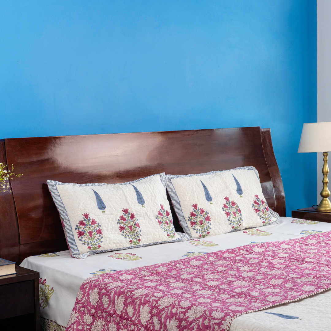 KalaIndia Floral Pink Bedcover – cotton bed cover king size (flat lay view)