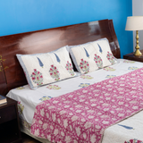 KalaIndia Floral Pink Bedcover – cotton bed cover king size (close-up of the hand block print detail)