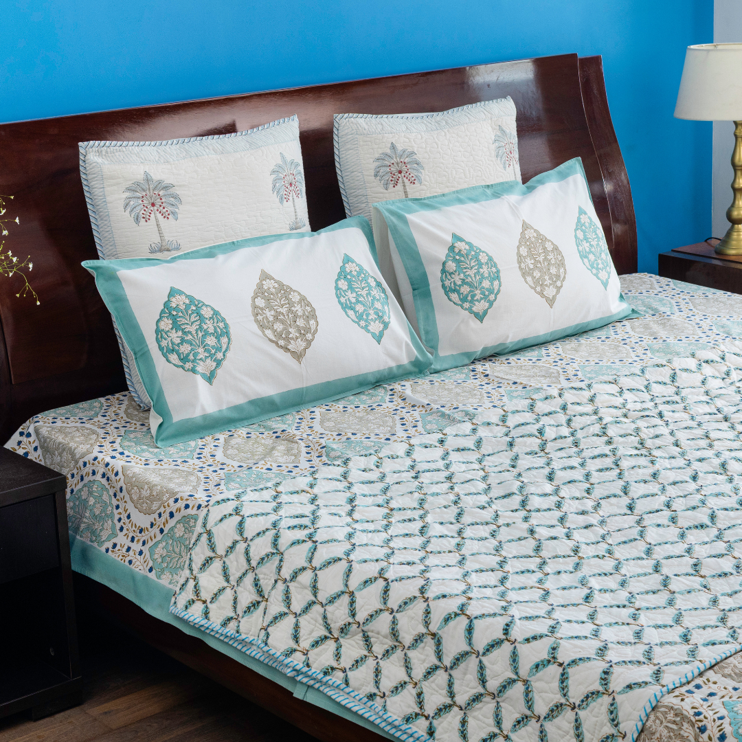 KalaIndia Green Tranquil Quilt (Double) – quilted bed sheets (close-up of the hand block print detail)