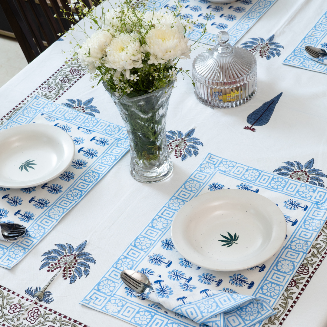 KalaIndia Indigo Floral Table Runner – table runner and mat set (styled on a dining table)