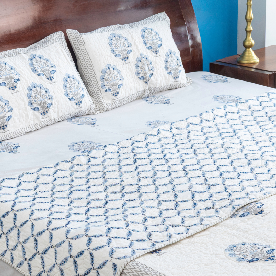 KalaIndia Misty Marvel Bedcover – cotton bed cover king size (flat lay view)