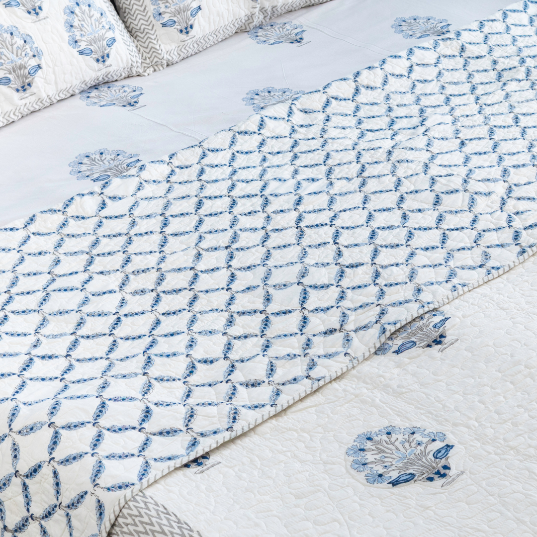 KalaIndia Misty Marvel Bedcover – quilted bed sheets (styled on a bed)