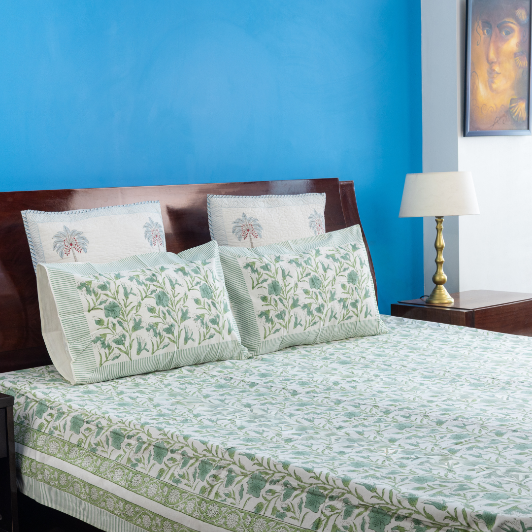 KalaIndia Olive Mist Cotton Bedsheet – hand block print bedsheet (folded stack view)
