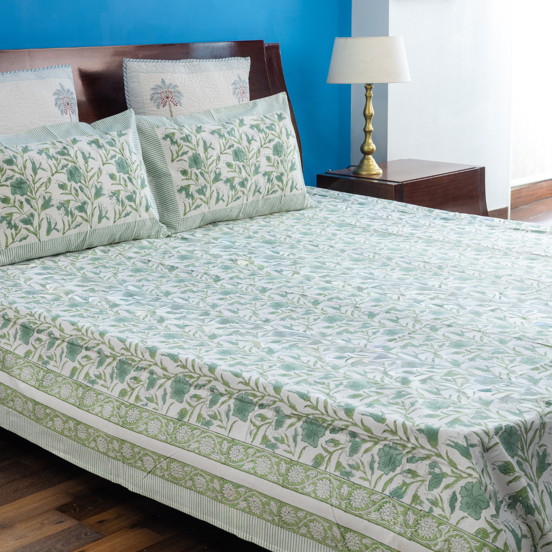 KalaIndia Olive Mist Cotton Bedsheet – block print bedsheet (styled on a bed)
