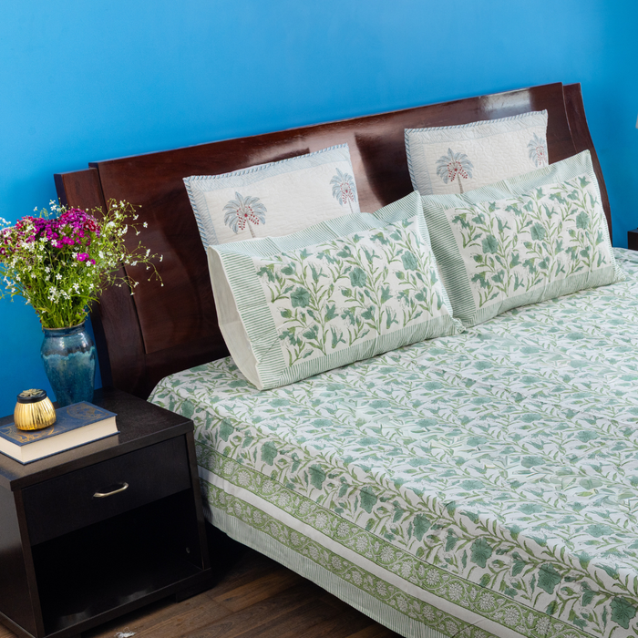 KalaIndia Olive Mist Cotton Bedsheet – hand block print bedsheet (flat lay view)