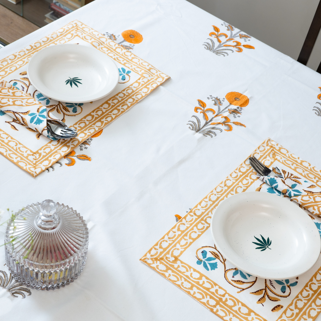KalaIndia Orange Floral Mat Set – table mats with runner (flat lay view)