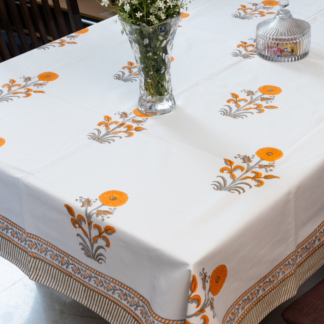 KalaIndia Orange Floral Table Cloth – cotton table cover (close-up of the print detail)