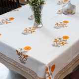 KalaIndia Orange Floral Table Cloth – cotton table cover (close-up of the print detail)