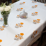 KalaIndia Orange Floral Table Cloth – cotton table cover (flat lay view)