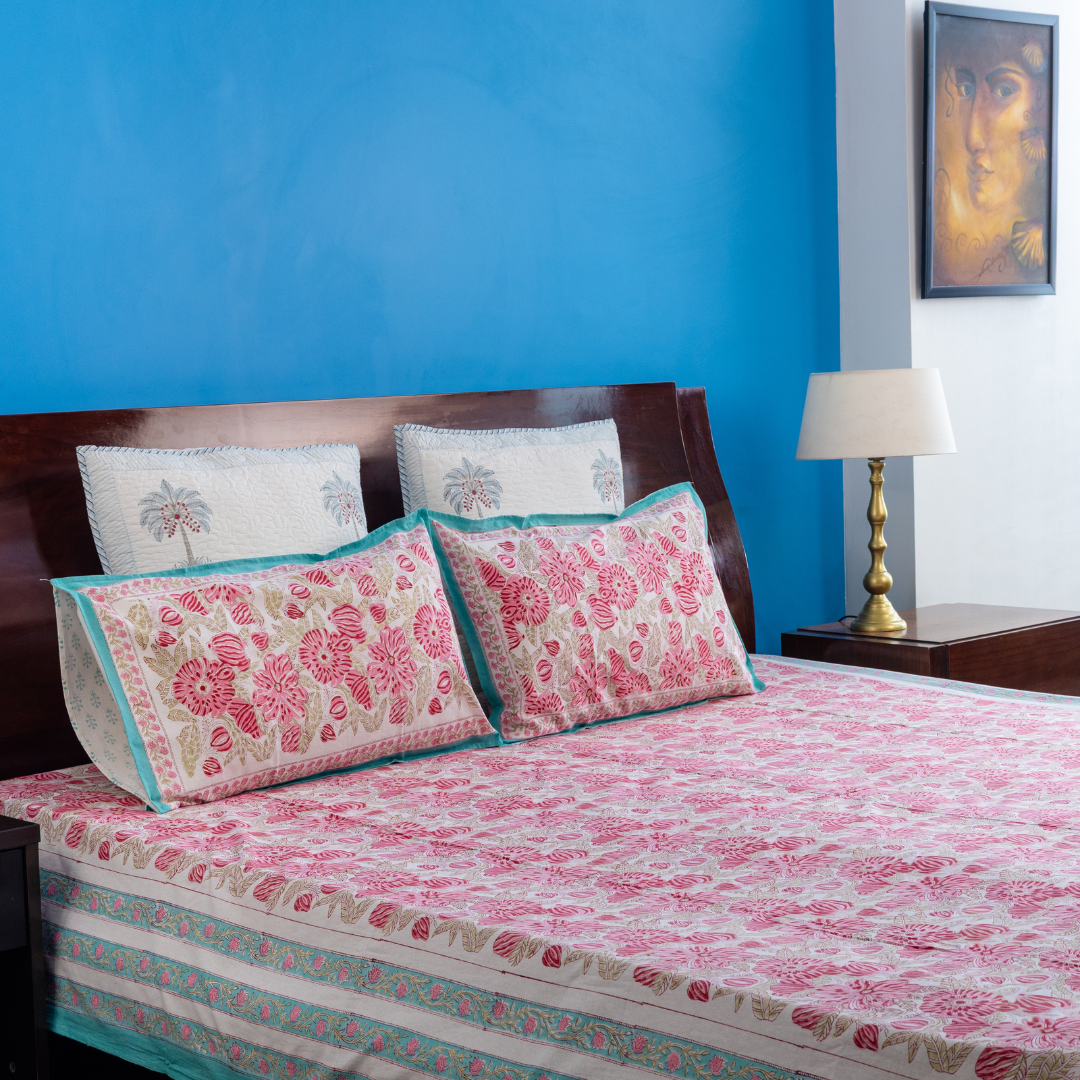 KalaIndia Paisley Pink Bedsheet – floral bedsheet (flat lay view)