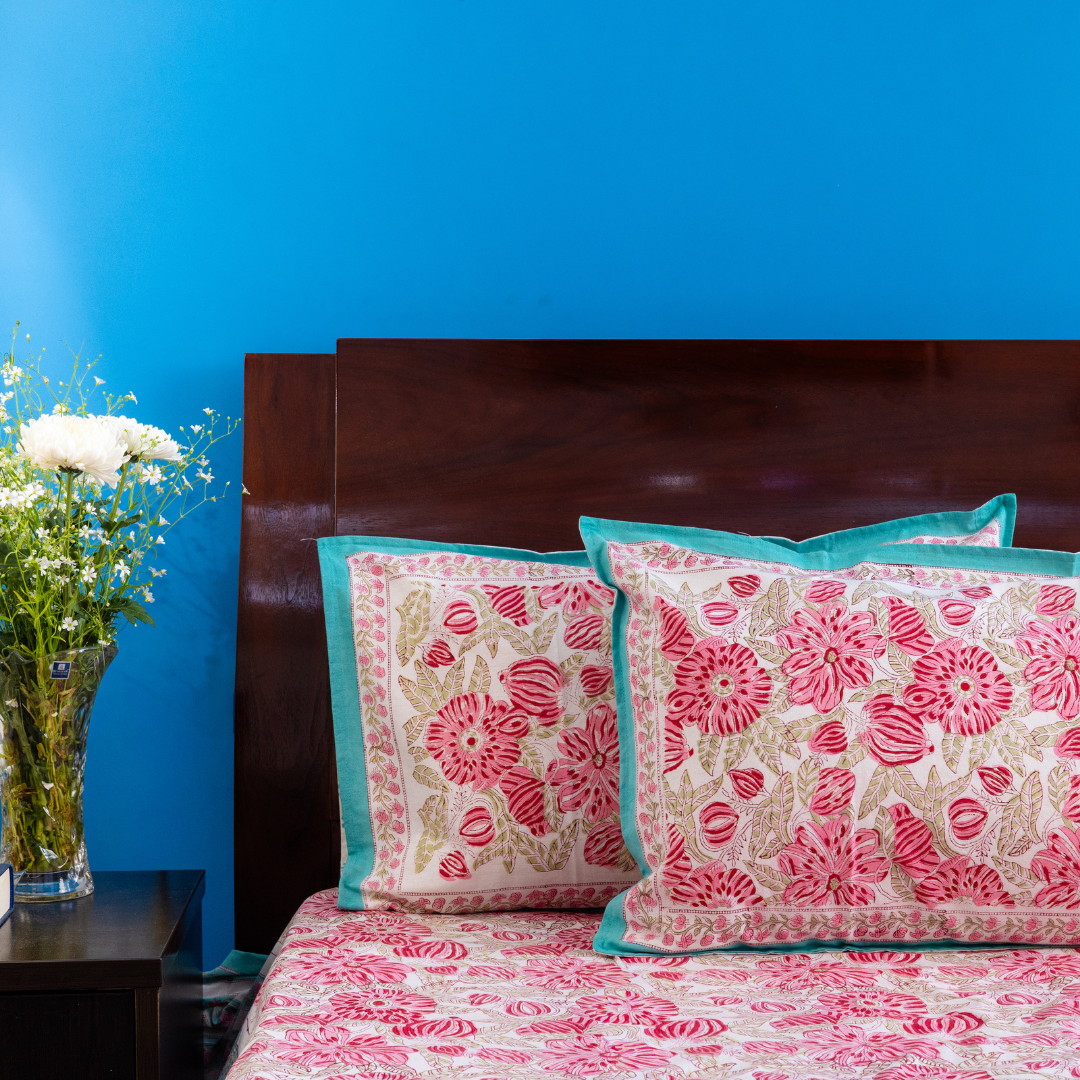KalaIndia Paisley Pink Bedsheet – floral bedsheet (close-up of the hand block print detail)