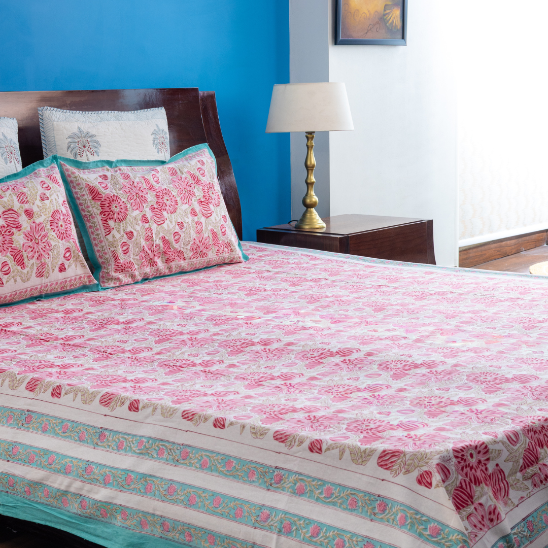 KalaIndia Paisley Pink Bedsheet – printed cotton bed sheets (styled on a bed)