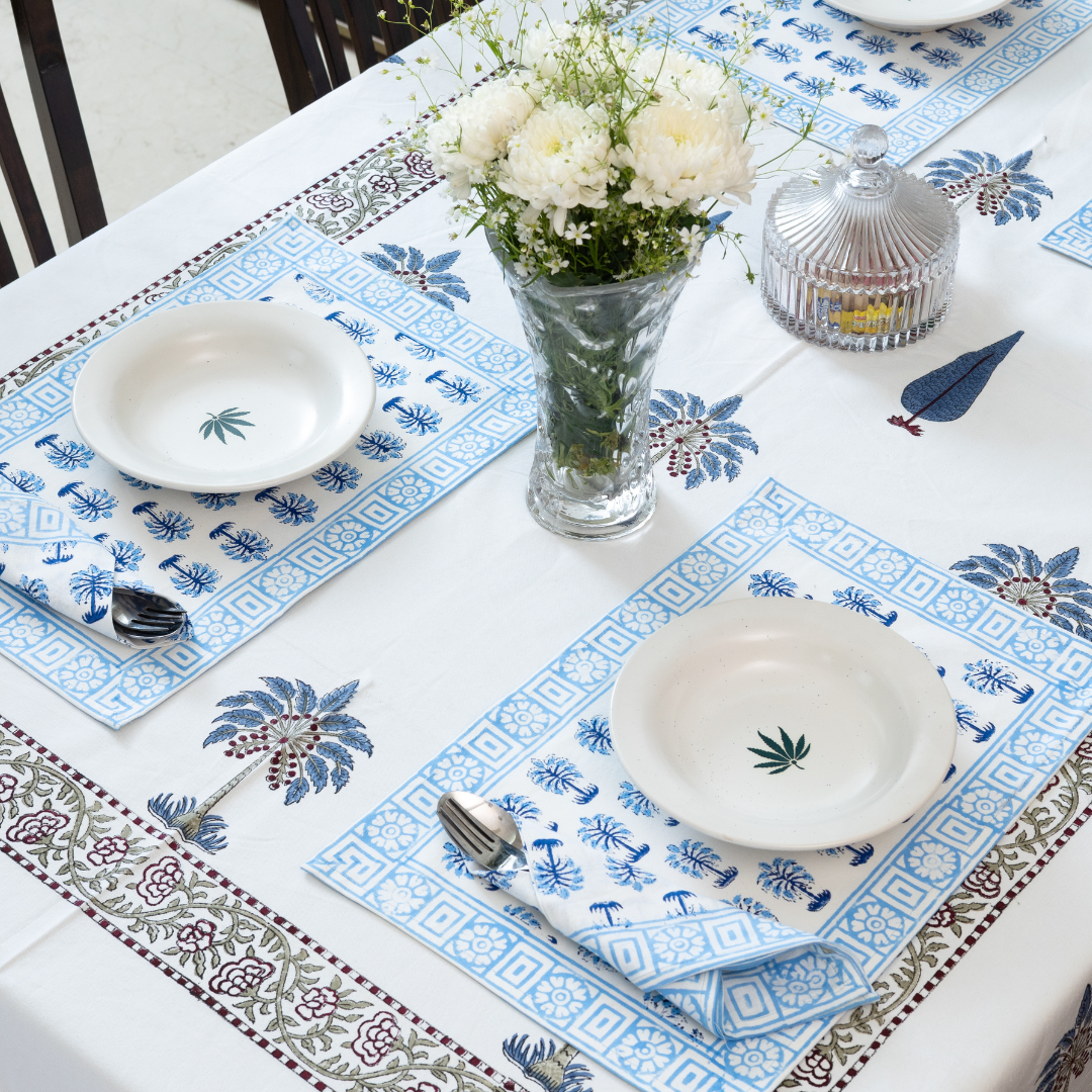 KalaIndia Palm Print Table Mats – table mats with runner (styled on a dining table)