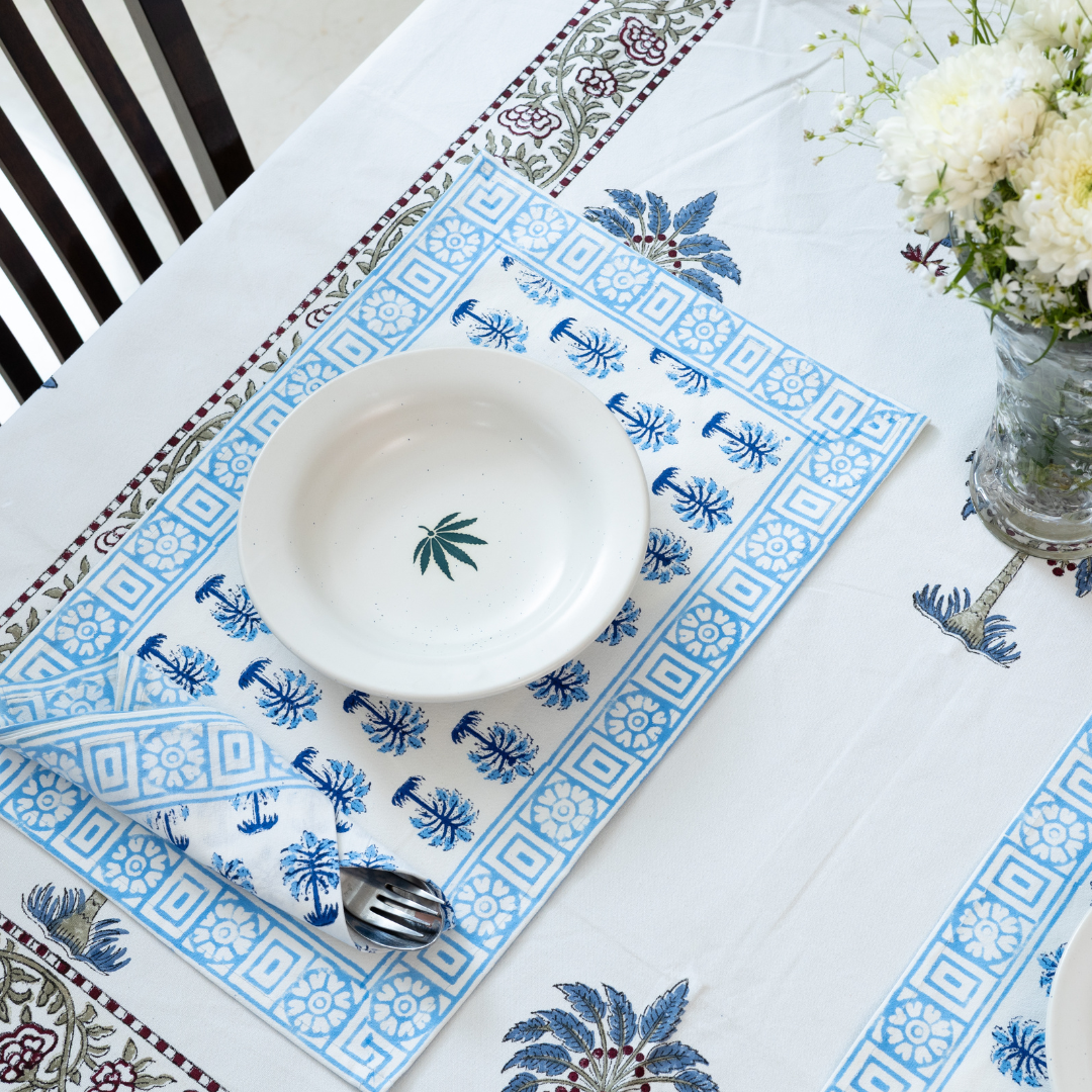 KalaIndia Palm Print Table Mats – dining table mats with runner (close-up of the print detail)