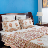 KalaIndia Peach Print Quilt – cotton quilt blanket (close-up of the hand block print detail)