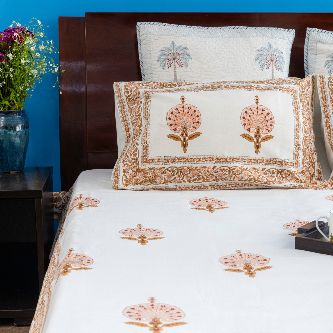 KalaIndia Peach Floral Print Bedsheet – pure cotton double bedsheet (close-up of the hand block print detail)