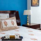 KalaIndia Peach Floral Print Bedsheet – floral bedsheet (styled on a bed)