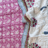 KalaIndia Pink Floral Quilt (Single) – single bed quilt for heavy winter (close-up of the hand block print detail)