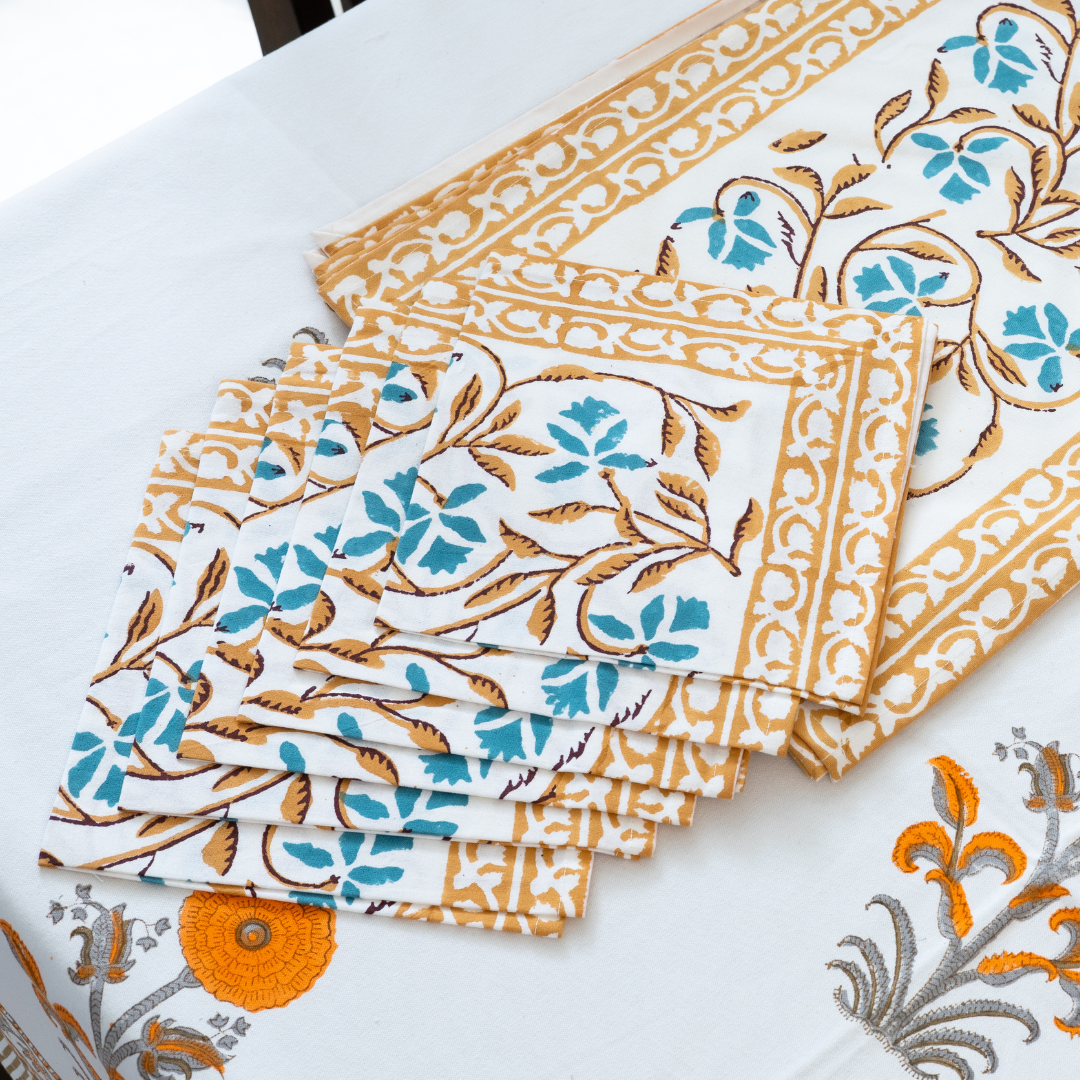KalaIndia Yellow Floral Mat Set – dining table mats with runner (flat lay view)
