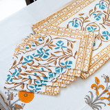 KalaIndia Yellow Floral Mat Set – dining table mats with runner (flat lay view)