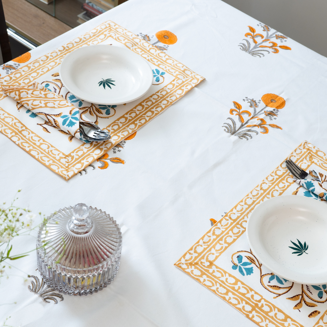 KalaIndia Yellow Floral Mat Set – dining table mats with runner (close-up of the print detail)