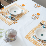 KalaIndia Yellow Floral Mat Set – dining table mats with runner (close-up of the print detail)