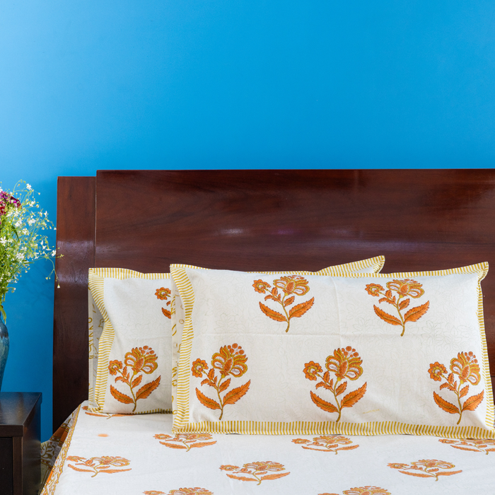 KalaIndia Yellow Leaf Print Bedsheet – printed cotton bed sheets (flat lay view)